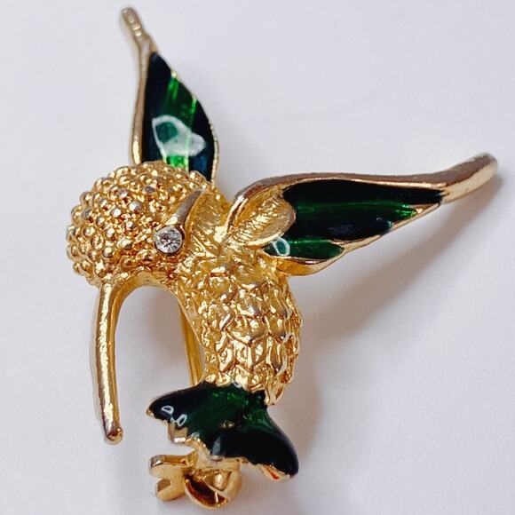 VTG Enamel Hummingbird Brooch Mid Century 60s Rhinestone Figural Gold Tone Pin - Picture 5 of 11